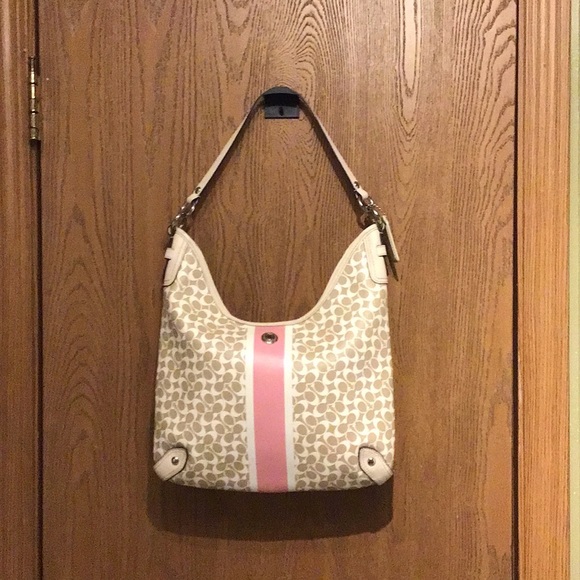 COACH CHELSEA SIGNATURE BEIGE PINK STRIPE LEATHER TRIM CROSSBODY SHOULDER BAG - Picture 12 of 12